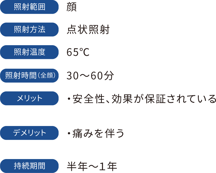 照射範囲：顔　照射方法：点状照射　照射温度：65℃　照射時間（全顔）：30～60分　メリット：・安全性、効果が保証されている　デメリット：・痛みを伴う　持続期間：半年～1年